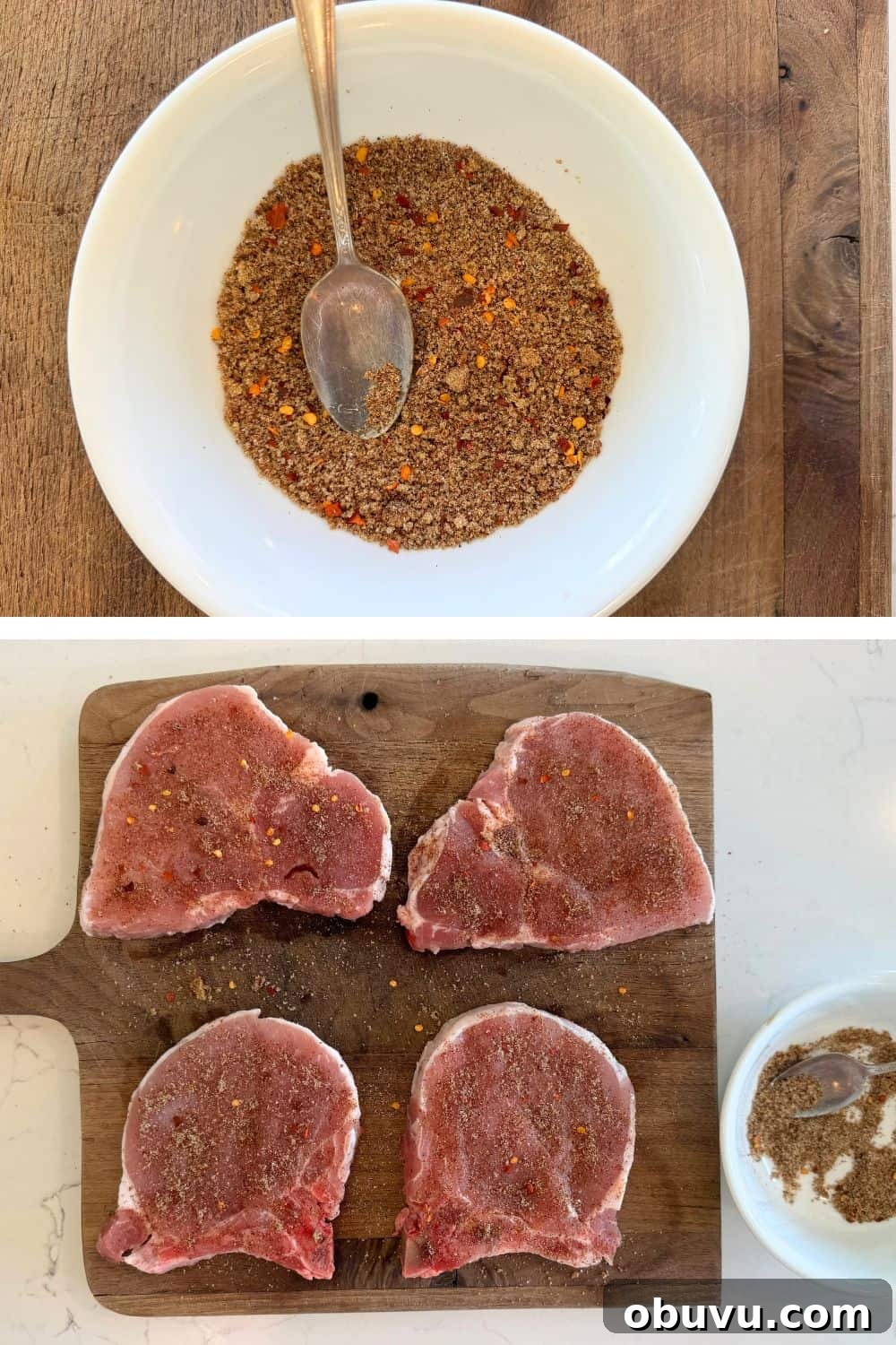 Pan-Seared Pork Chops: Seasoning and Searing for Juicy Results 4 mix seasonings in a small bowl then seasoned pork chops on cutting board