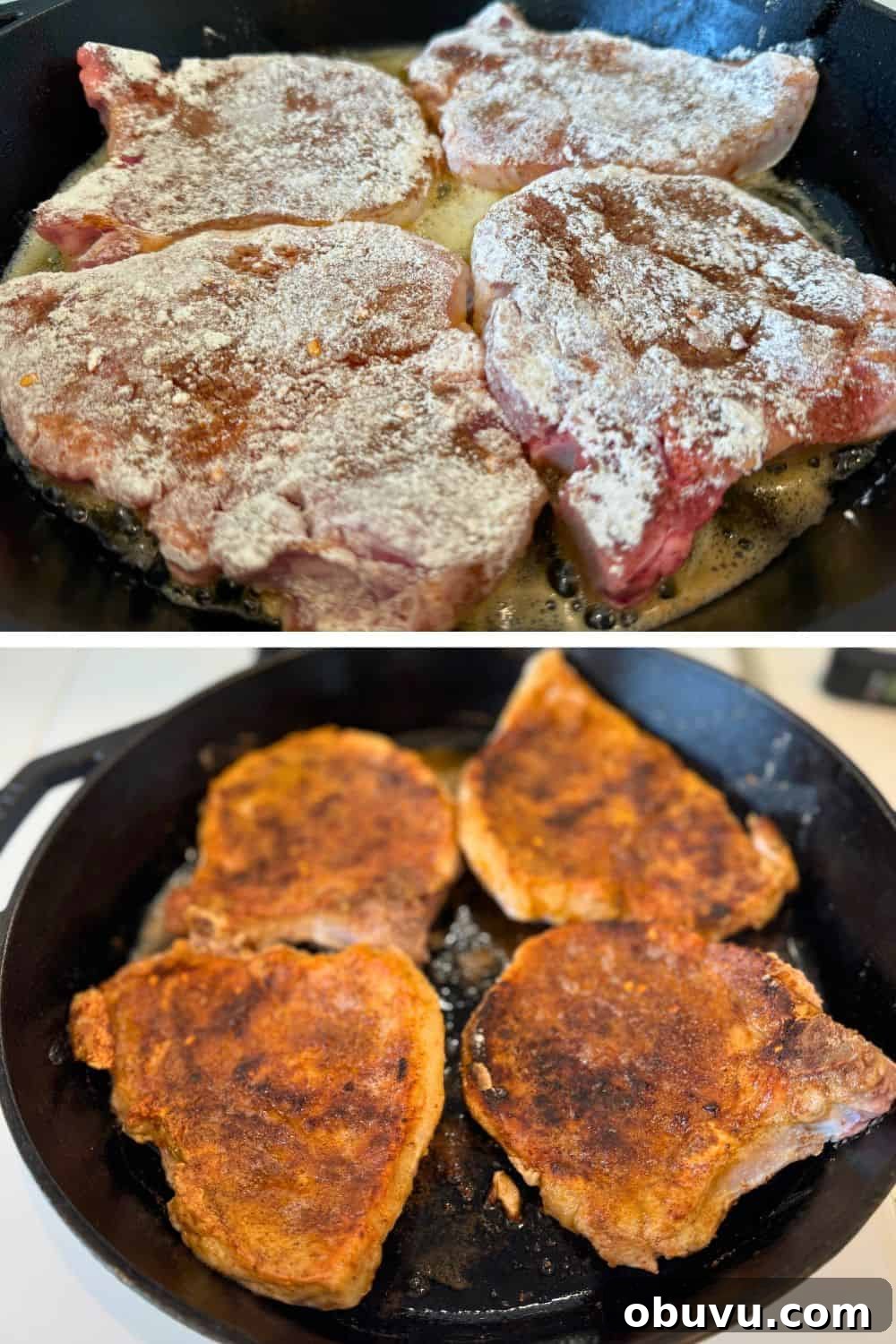 Pan-Seared Pork Chops: Seasoning and Searing for Juicy Results 6 2 pictures (1 one each side of meat) searing seasoned and dredged meat from this recipe in cast iron skillet