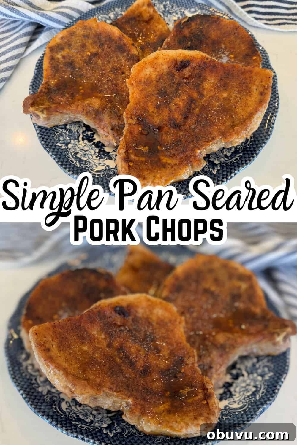 Pan-Seared Pork Chops: Seasoning and Searing for Juicy Results 7 2 pictures of pan seared pork chops on a blue plate with text