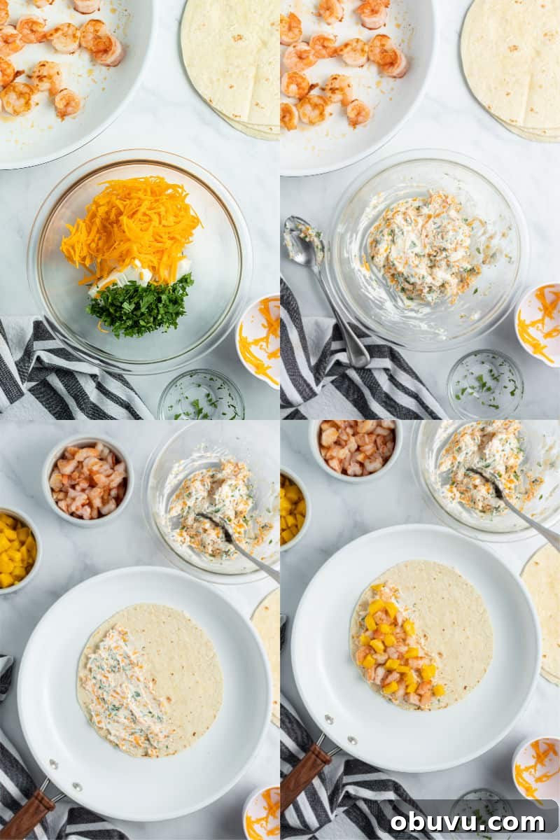 Mango & Shrimp Quesadillas are crazy good and fly off the plate! Make them with or without cilantro for a dinner win the whole family will love! cream cheese, cheddar cheese, and cilantro in a mixing bowl; cream cheese mixture stirred together in a mixing bowl; tortilla with cream cheese mixture in a skillet, shrimp and mango on top of cream cheese mixture with quesadilla still open to show filling