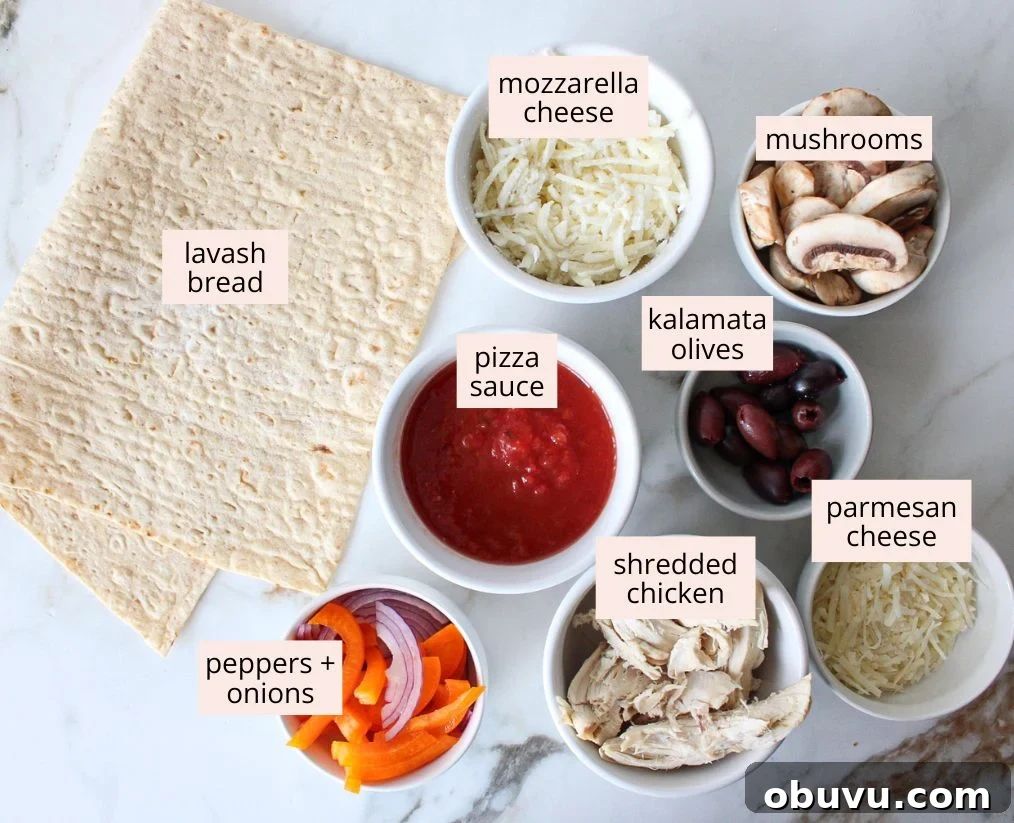 High-Protein Lavash Pizza Ready in 10 Minutes 3 Lavash bread pizza ingredients on a countertop with labels.