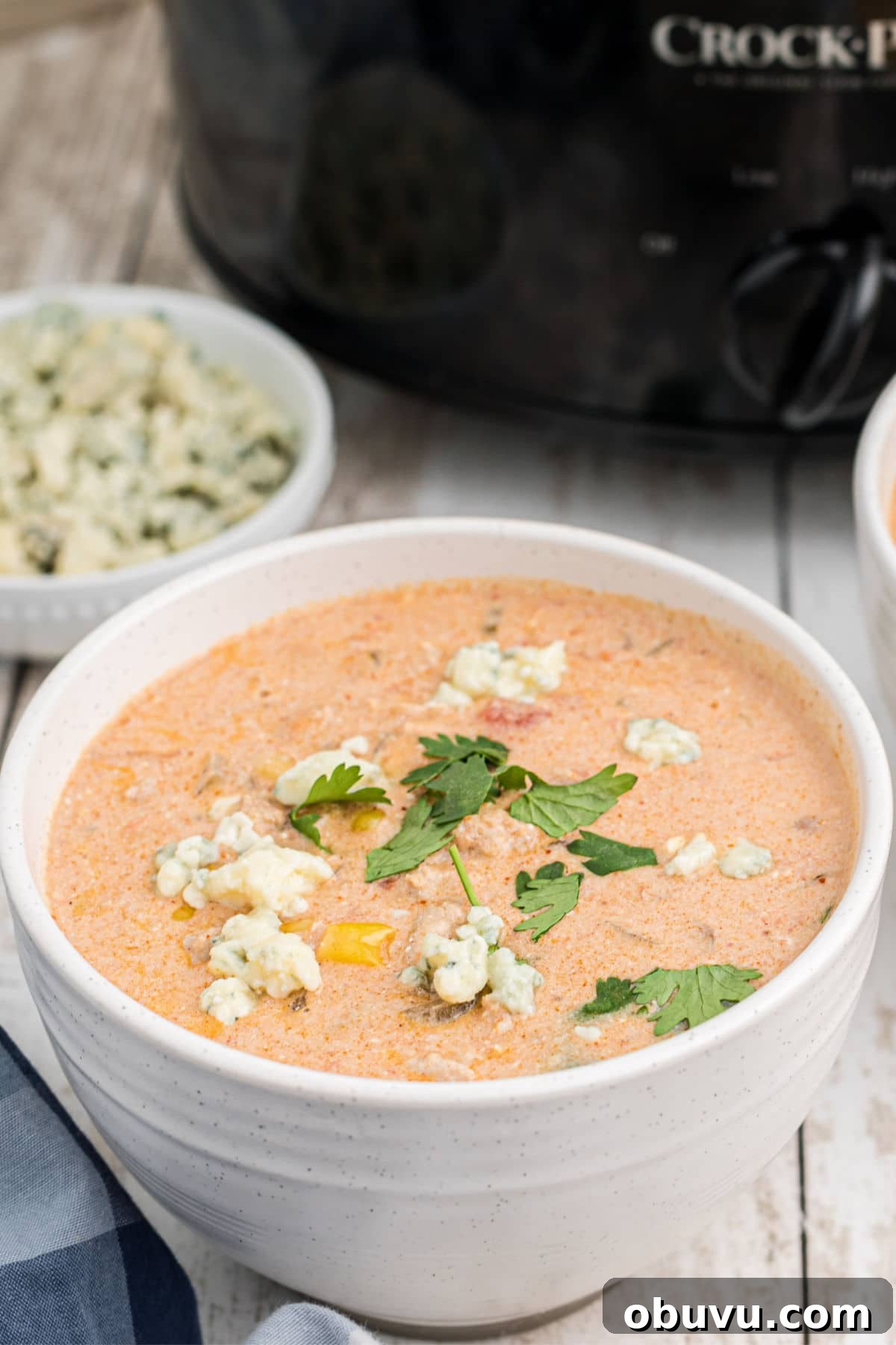 close up of a bowl of buffalo chicken chili