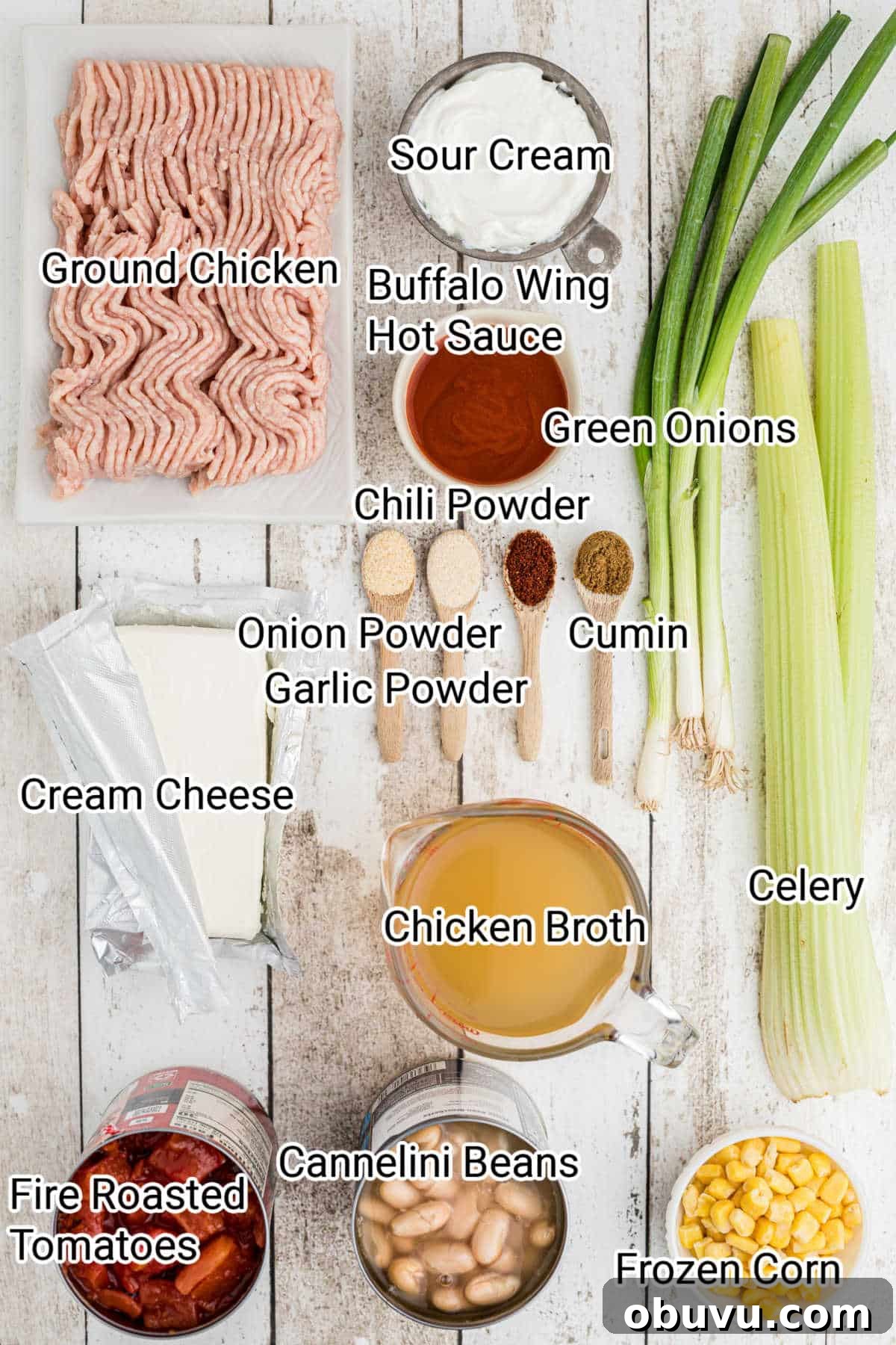 ingredients all laid out showing what's needed to make a slow cooker buffalo chicken chili