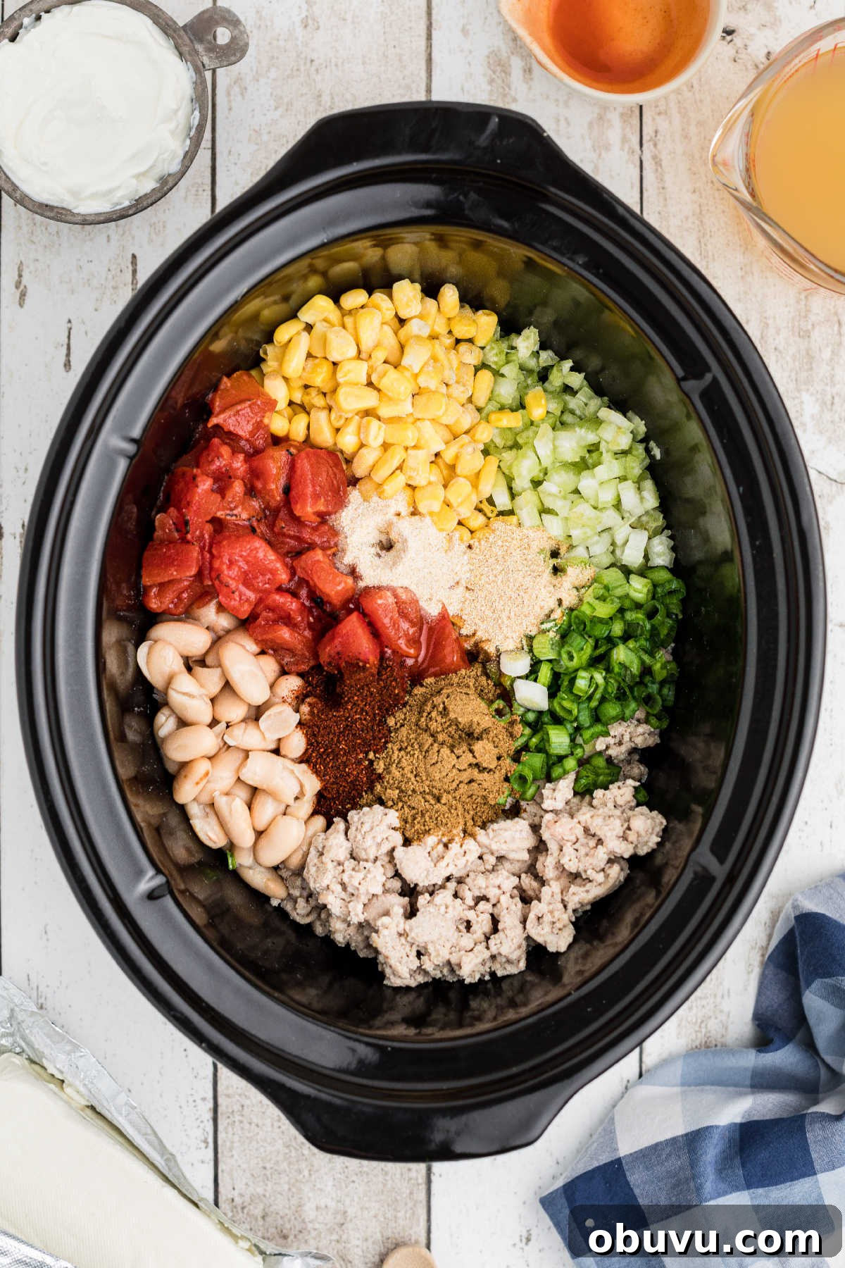 A slow cooker full of ingredients nicely arranged.