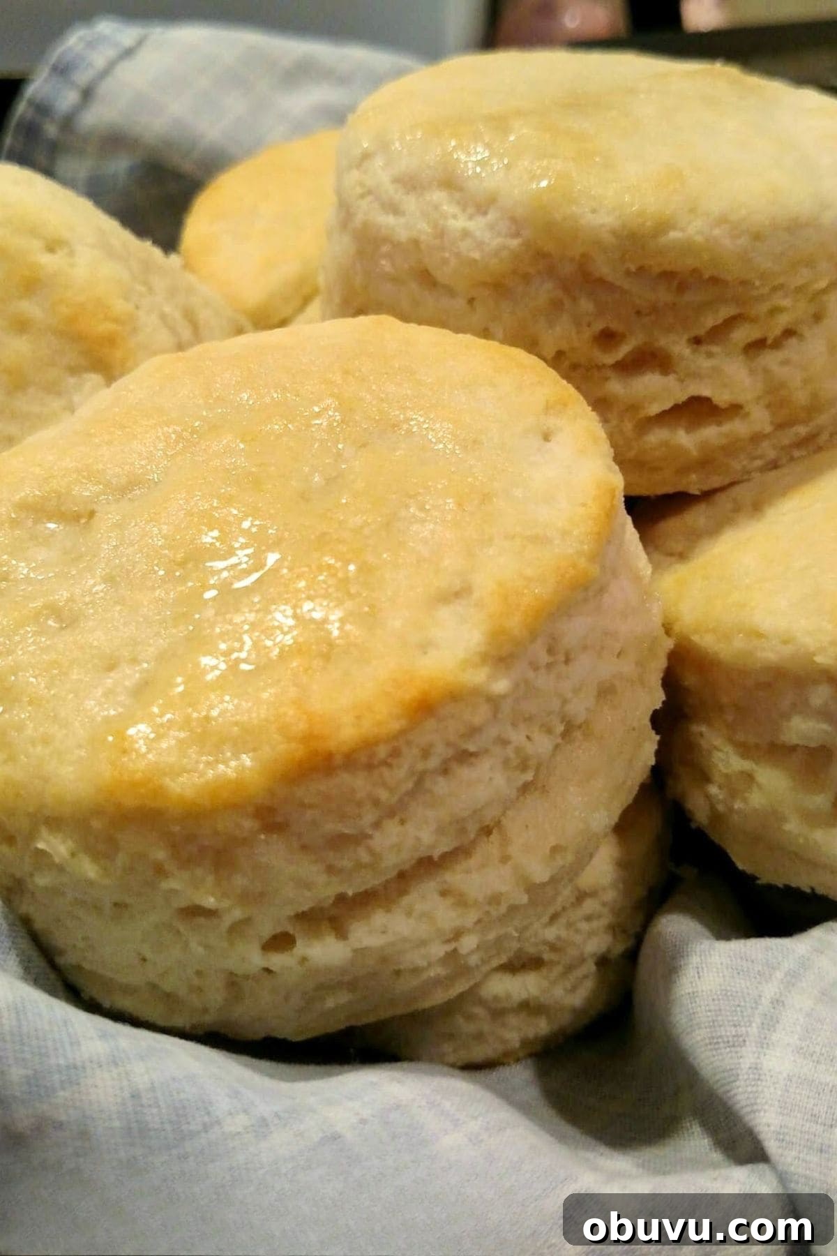 Flaky Buttermilk Biscuits: Classic Southern Recipe for Perfect Biscuits 2 A close-up of freshly baked, golden brown biscuits stacked in a basket lined with a blue and white cloth, showcasing the fluffy texture and glossy tops from this classic Buttermilk Biscuit Recipe.