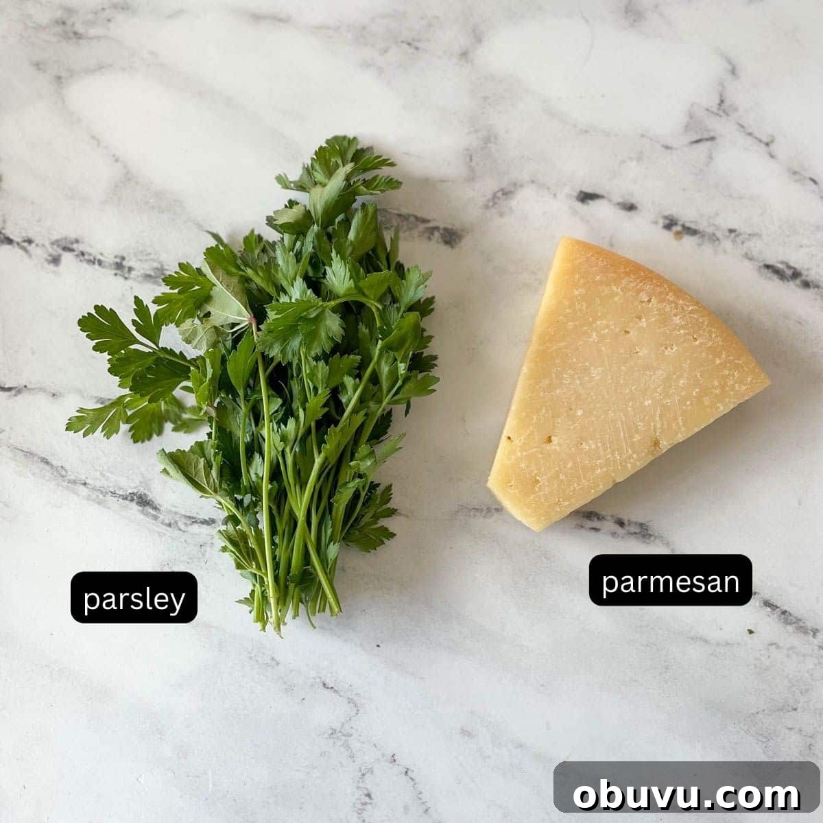 Labeled parsley and parmesan sit on a white marble counter.