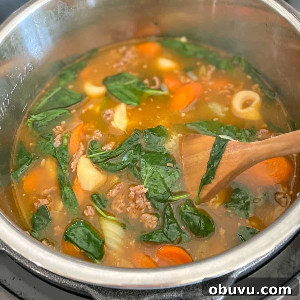 Spinach is added to soup.
