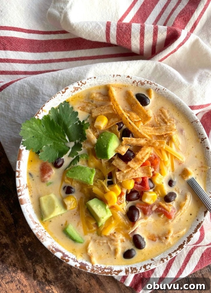 Creamy Chicken Taco Soup Recipe for Cozy Weeknight Dinners 2 Slow Cooker Creamy Chicken Taco Soup made with chicken breasts, heavy cream, cheddar cheese, beans, corn, tomatoes, chicken broth and taco seasoning.