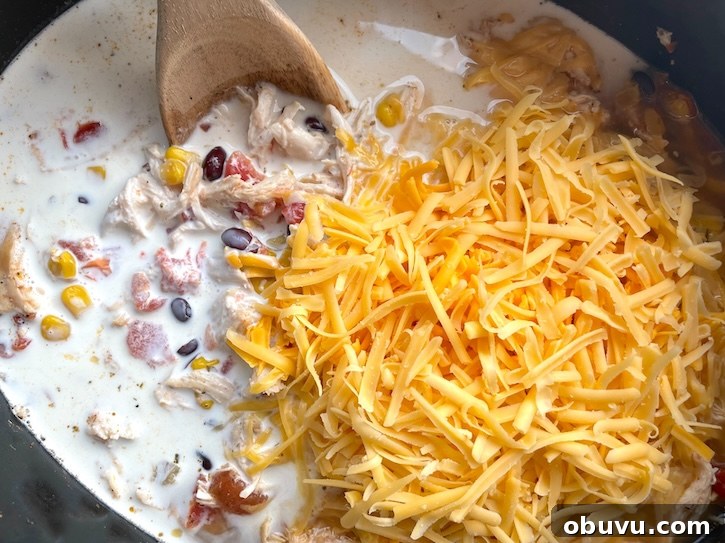 Creamy Chicken Taco Soup Recipe for Cozy Weeknight Dinners 9 Heavy whipping cream and cheddar cheese in a slow cooker with chicken taco soup just before mixing.