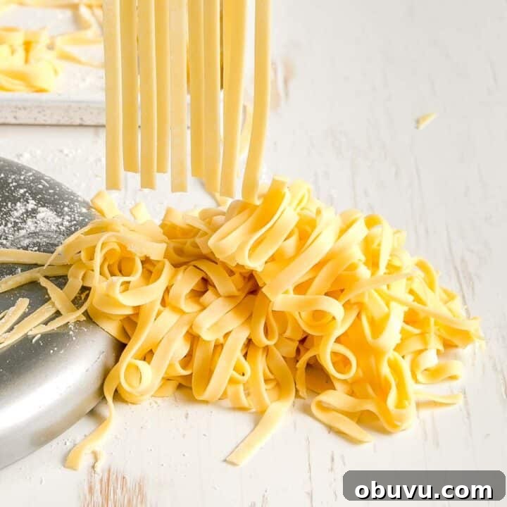 Fresh gluten free egg noodles in a pile, some dangling from pasta cutter above.