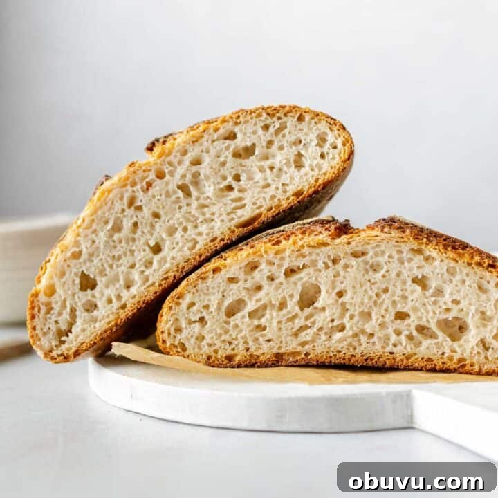 A loaf of gluten-free sourdough cut in half, one half leaning on the other.