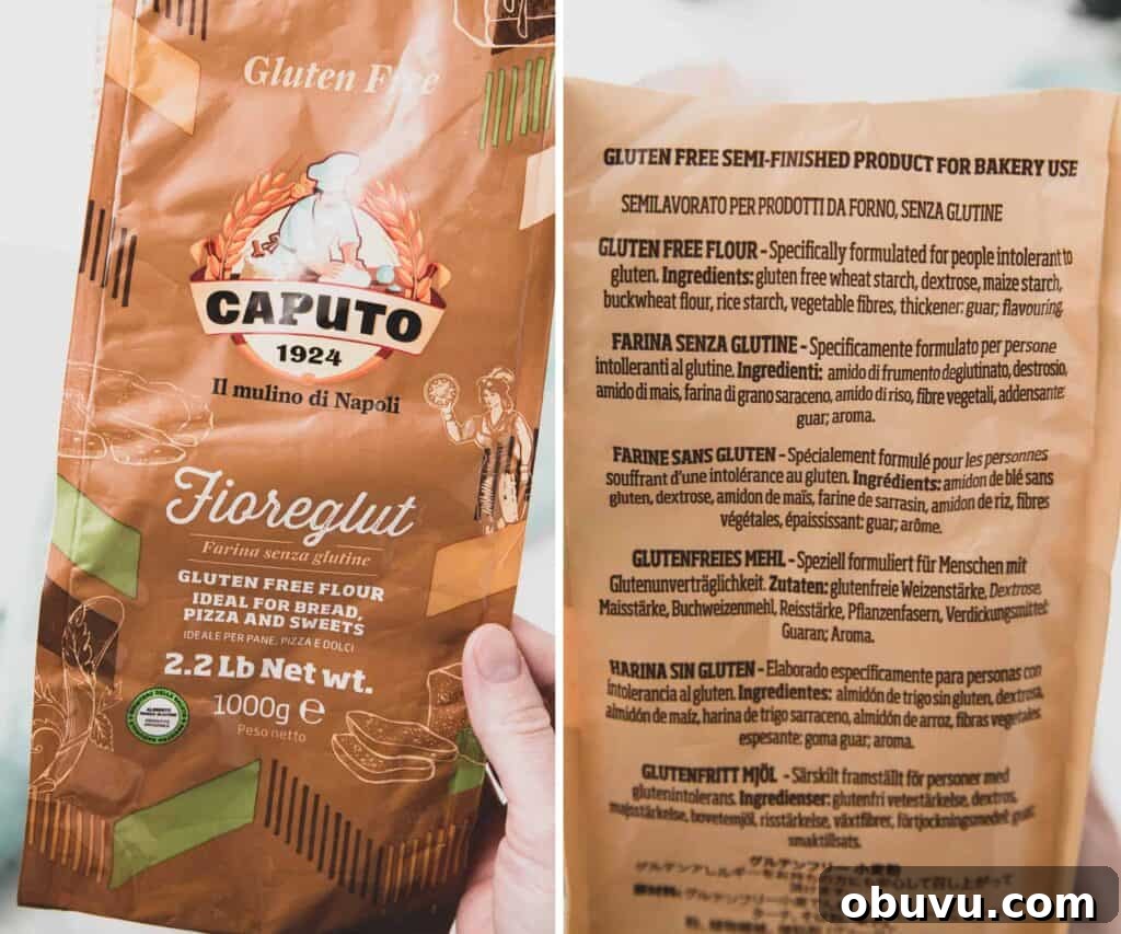 Homemade Gluten-Free Pizza Recipe: Crispy Crust & Tasty Toppings 4 Bag of Caputo Fioreglut flour showing ingredients and Italy gluten-free symbol.