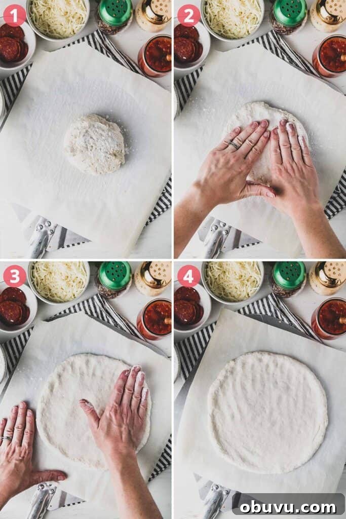 Homemade Gluten-Free Pizza Recipe: Crispy Crust & Tasty Toppings 7 A ball of dough with rice flour on top, patting out into a circle.