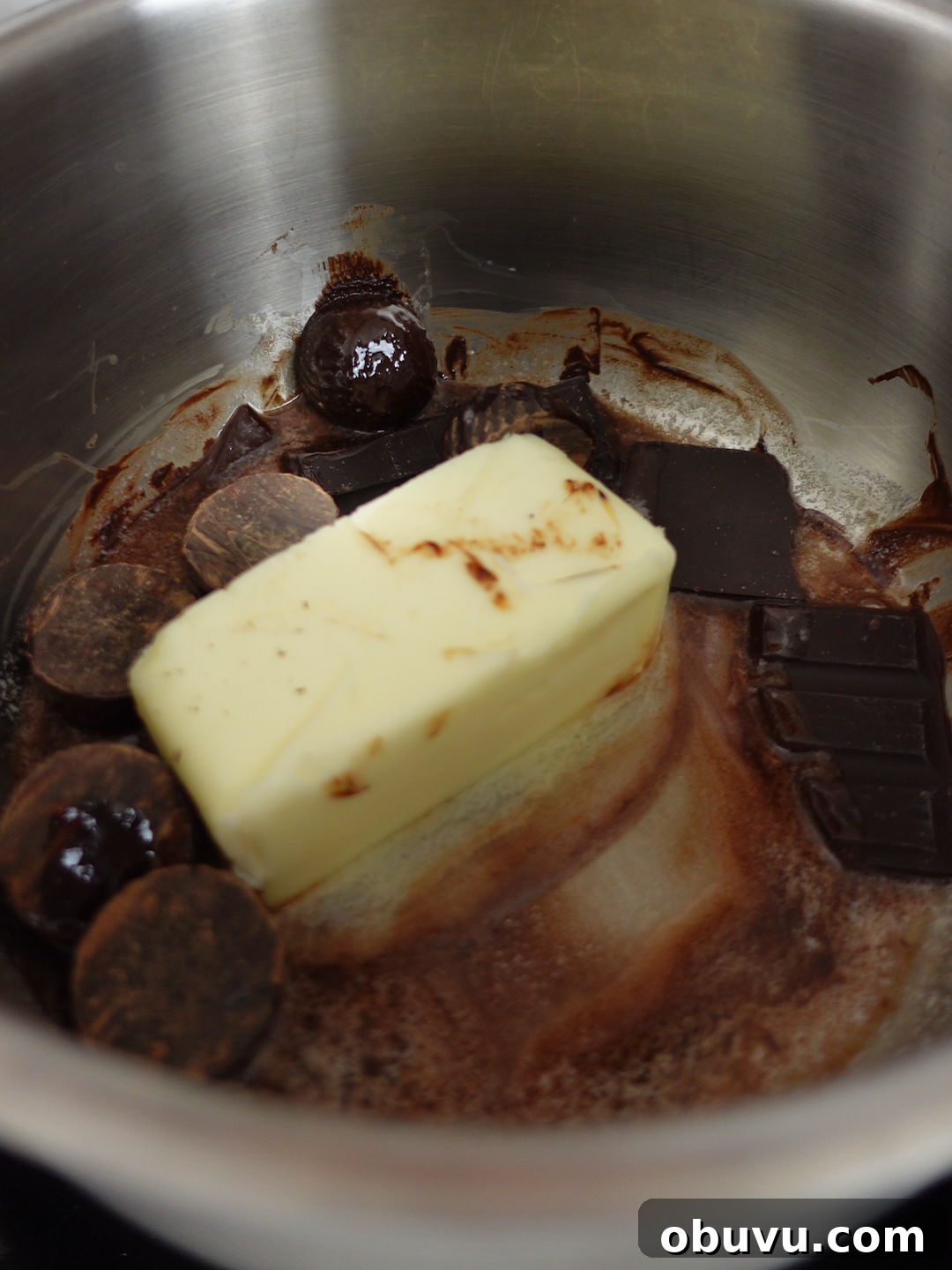 Savory SPAM Brownies Recipe — Episode 4 3 Melted chocolate and butter in saucepan