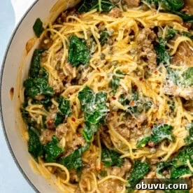 Salmon Pesto Pasta Recipe: Creamy 20-Minute Meal 15 Parmesan cheese has been stirred into the kale, sausage, and spaghetti mixture