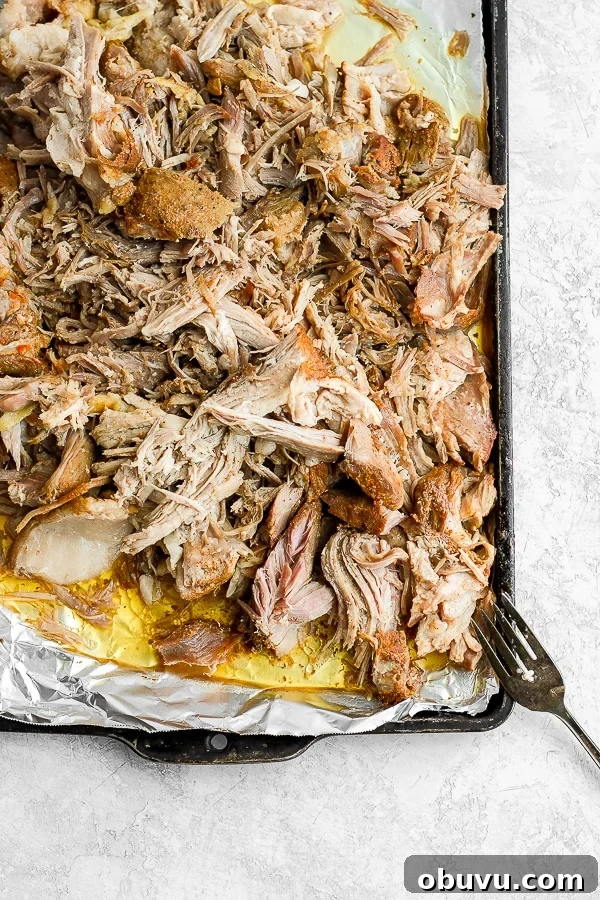 Tender Sous Vide Pork Shoulder Recipe for Juicy, Fall-Apart Meat 2 A foil-lined sheet pan full of shredded sous vide pork with a fork on the side.