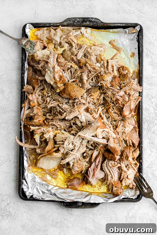 Tender Sous Vide Pork Shoulder Recipe for Juicy, Fall-Apart Meat 8 Foil-lined baking sheet with shredded sous vide pork shoulder on it.