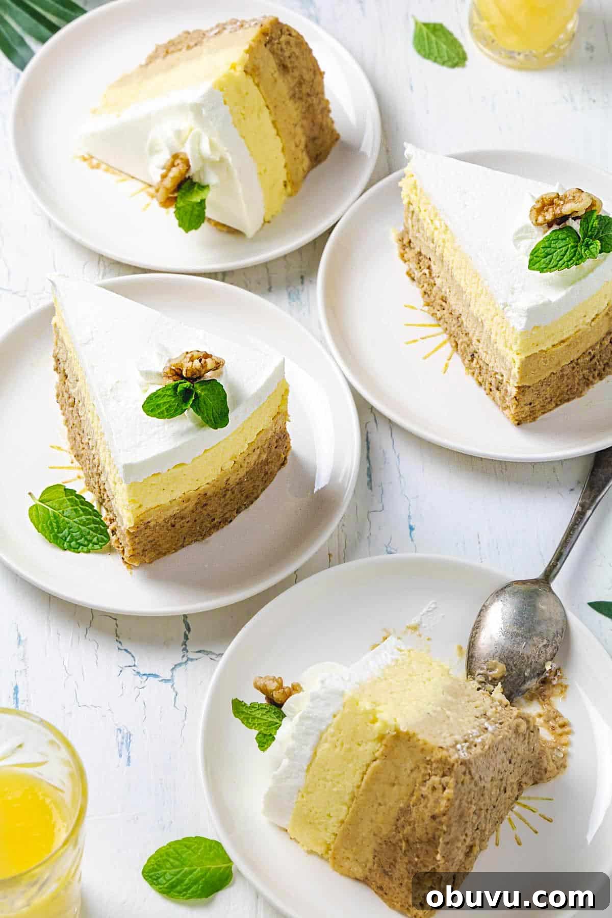 No-Bake Serbian Sand Cake Recipe — Traditional No-Heat Dessert 2 Four slices of sand cake on small plates.