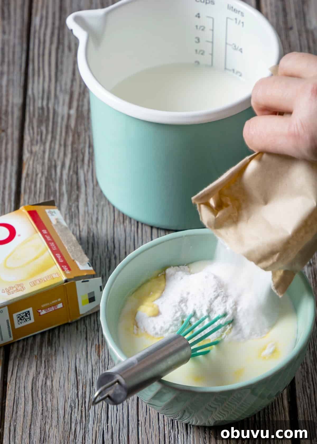 No-Bake Serbian Sand Cake Recipe — Traditional No-Heat Dessert 5 Mixing instant pudding with milk.