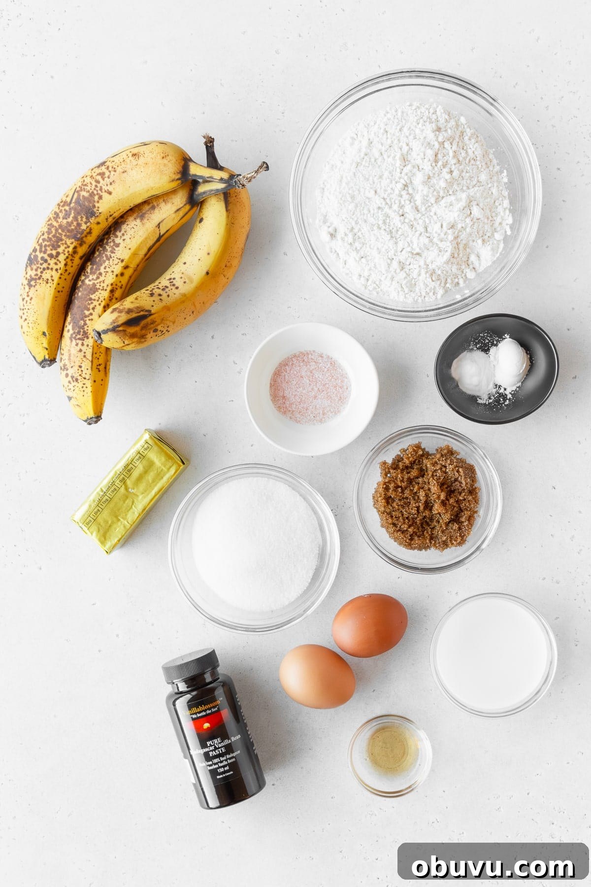 Moist Banana Bread Without Gluten — Simple Recipe for Tasty Loaf 3 Ingredients to make gluten free banana bread measured out into bowls.