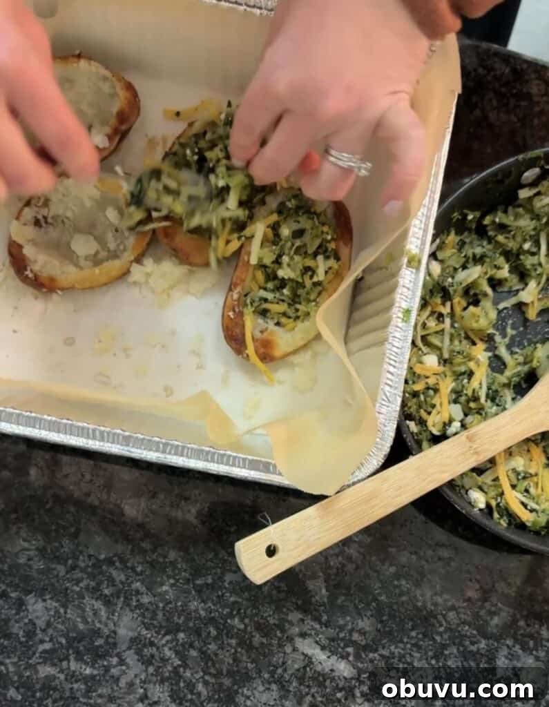 Twice-Baked Potato Stuffed with Broccoli, Spinach & Cheese 3 filling the stuffed twice-baked potatoes