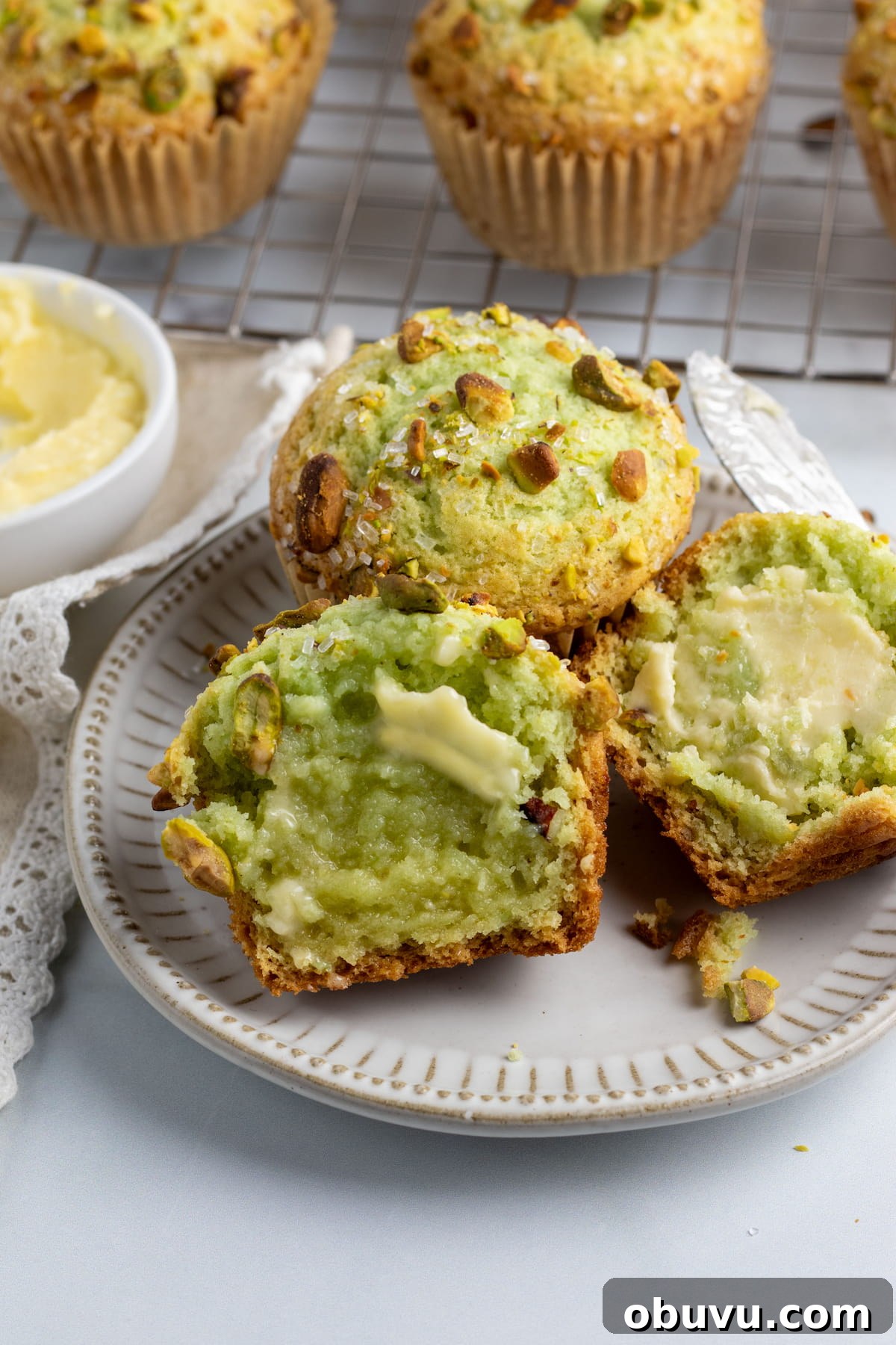 Dairy-Free Pistachio Muffins: Bakery-Style Recipe 8 Muffins on a plate