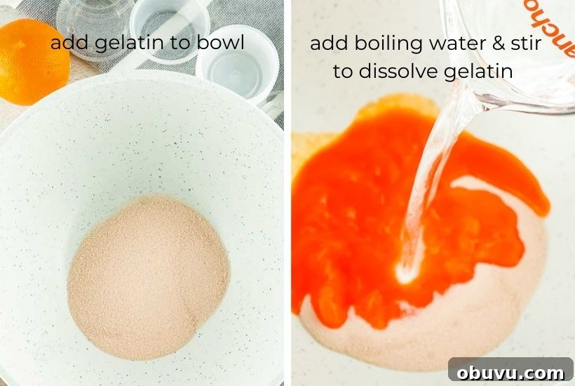 Mimosa Jello Shots Recipe: Sparkling Champagne Party Treat 4 dissolving orange jello in a bowl for mimosa shots
