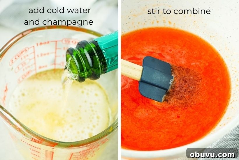 Mimosa Jello Shots Recipe: Sparkling Champagne Party Treat 5 stirring together water and champagne then adding it to the orange jello