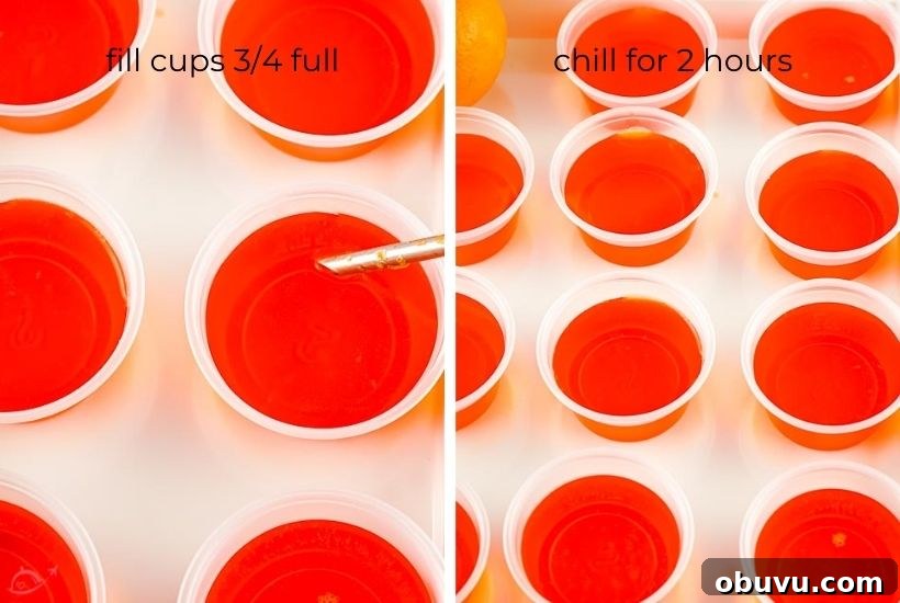 Mimosa Jello Shots Recipe: Sparkling Champagne Party Treat 6 two image collage showing the mimosa jello shots before and after they have set