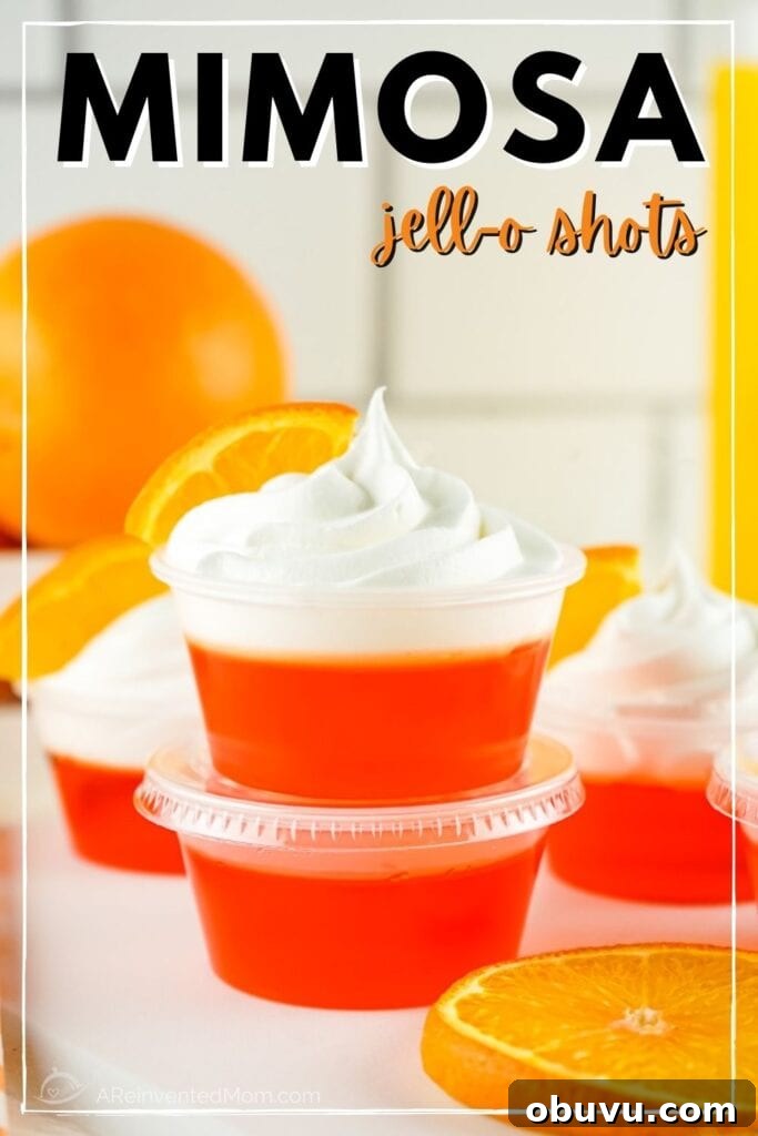 Mimosa Jello Shots Recipe: Sparkling Champagne Party Treat 8 mimosa jello shots stacked on each other with text overlay