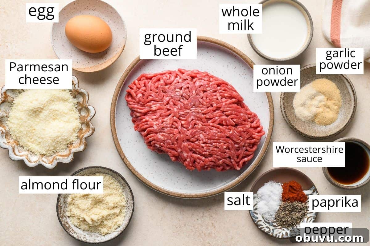Gluten-Free Italian Meatballs Recipe – Tender & Flavorful 4 overhead photo of the labeled ingredients in this Gluten Free Meatballs recipe