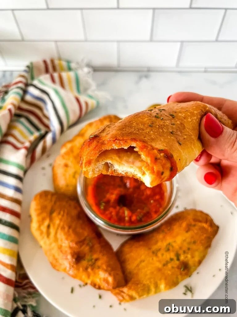 a hand holding a piece of Pepperoni Calzones and a plate full of it at the back.