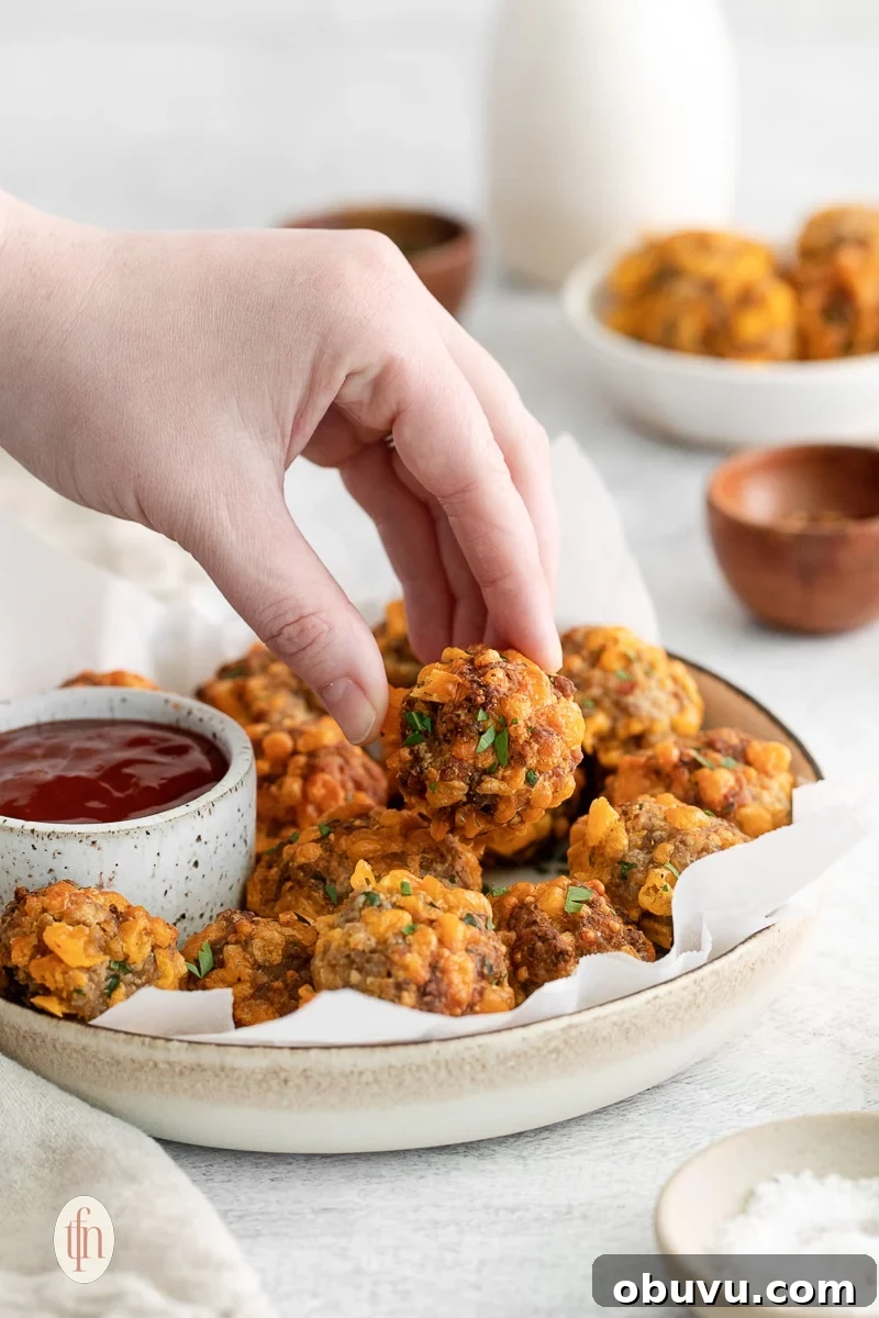 40+ Crowd-Pleasing Finger Food Ideas for Parties and Gatherings 3 Hand holding sausage ball above plate.