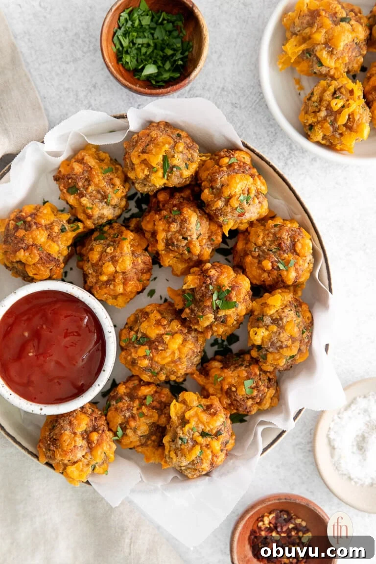 Bisquick sausage balls on a large white platter with a small jar of dipping sauce on the side.