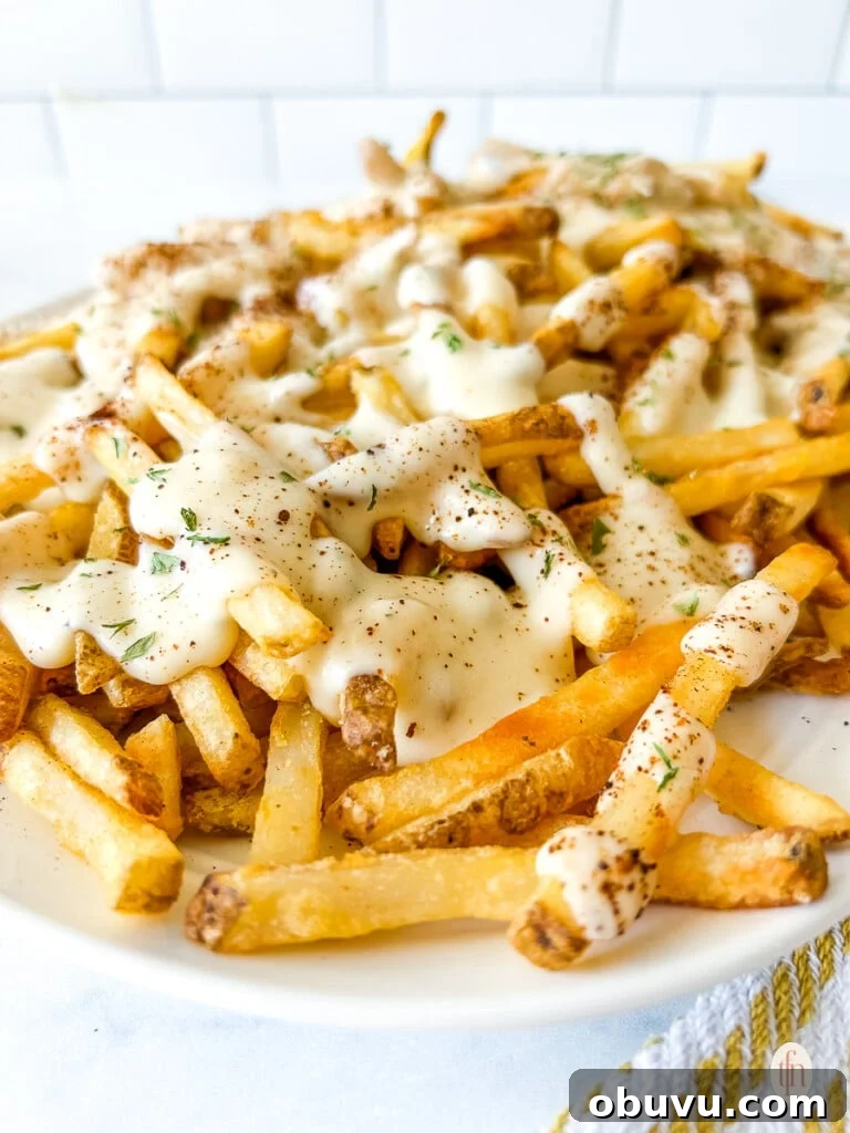 Louisiana Voodoo Fries on a white plate covered with white sauce.