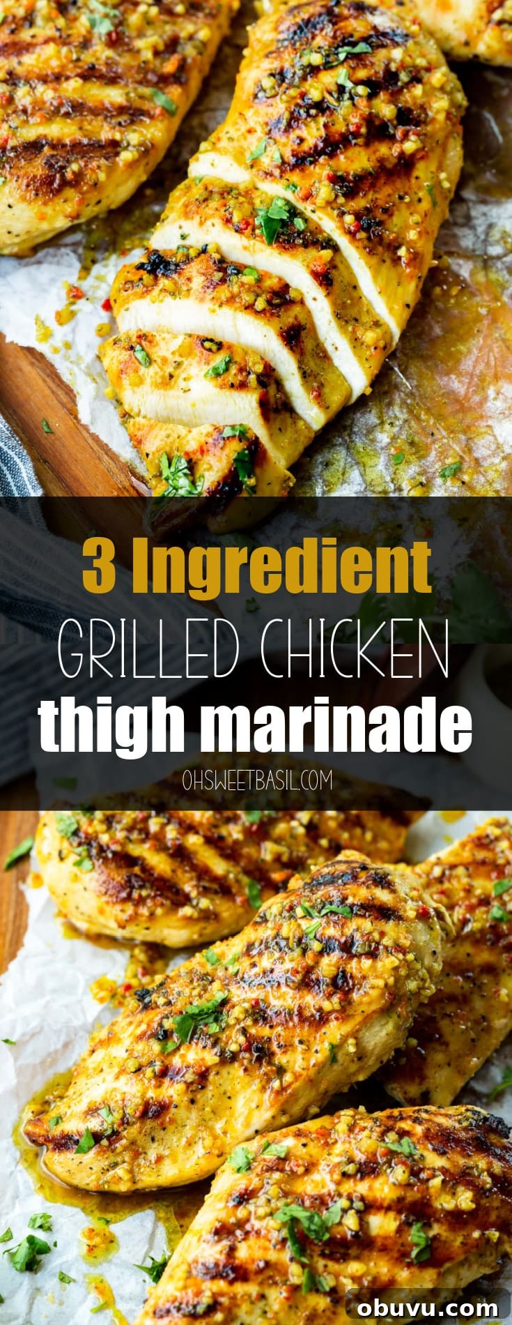 3-Ingredient Grilled Chicken Marinade (Quick Video) 2 a photo of a golden grilled chicken breast that has been sliced into about half inch slices.