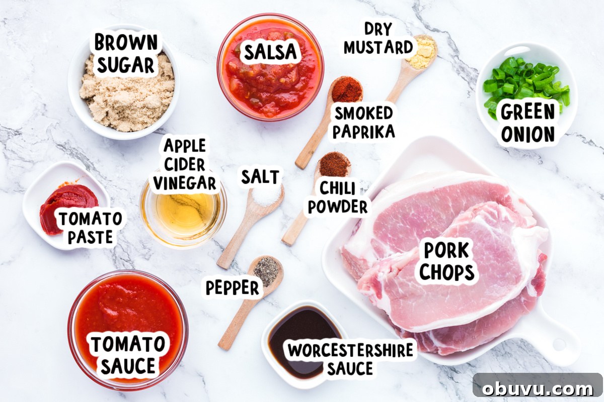 Tender Slow Cooker BBQ Pork Chops | Juicy, Hands-Off Recipe 3 ingredients for slow cooker bbq pork chops on a table.