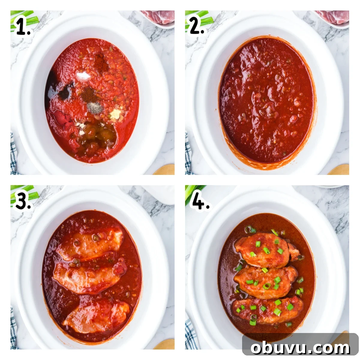 Tender Slow Cooker BBQ Pork Chops | Juicy, Hands-Off Recipe 4 four images showing how to make bbq pork chops in the slow cooker.