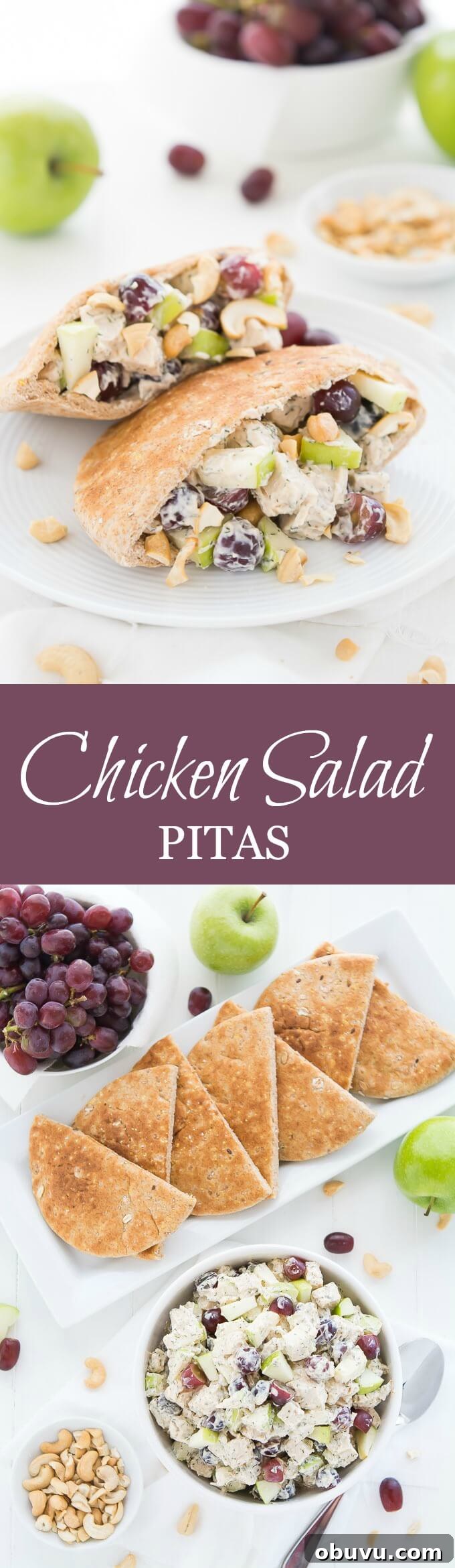 Chicken Salad Pitas are a delicious lunch or dinner made healthier by using Greek yogurt alongside canola oil mayonnaise.