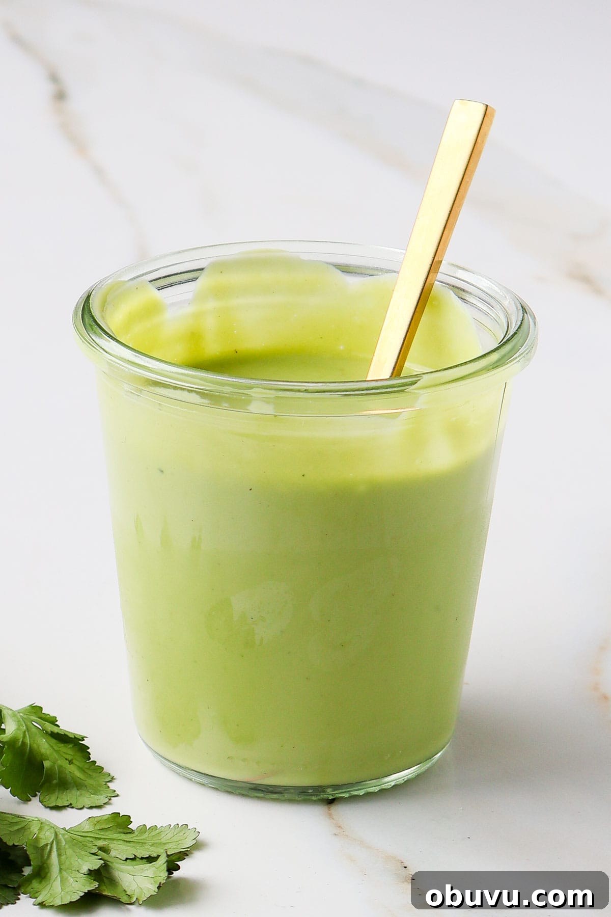Creamy Avocado Green Goddess Dressing Recipe 2 Side shot of dressing in a jar with herbs.