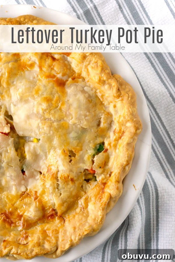 Leftover Turkey Pot Pie Recipe for Comforting Holiday Meals 2 turkey pot pie with pie crust in a white baking dish on a striped towel