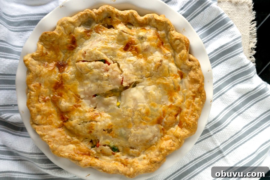 Leftover Turkey Pot Pie Recipe for Comforting Holiday Meals 4 turkey pot pie with pie crust in a white baking dish on a striped towel
