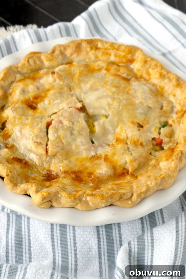 Leftover Turkey Pot Pie Recipe for Comforting Holiday Meals 5 turkey pot pie with pie crust in a white baking dish on a striped towel