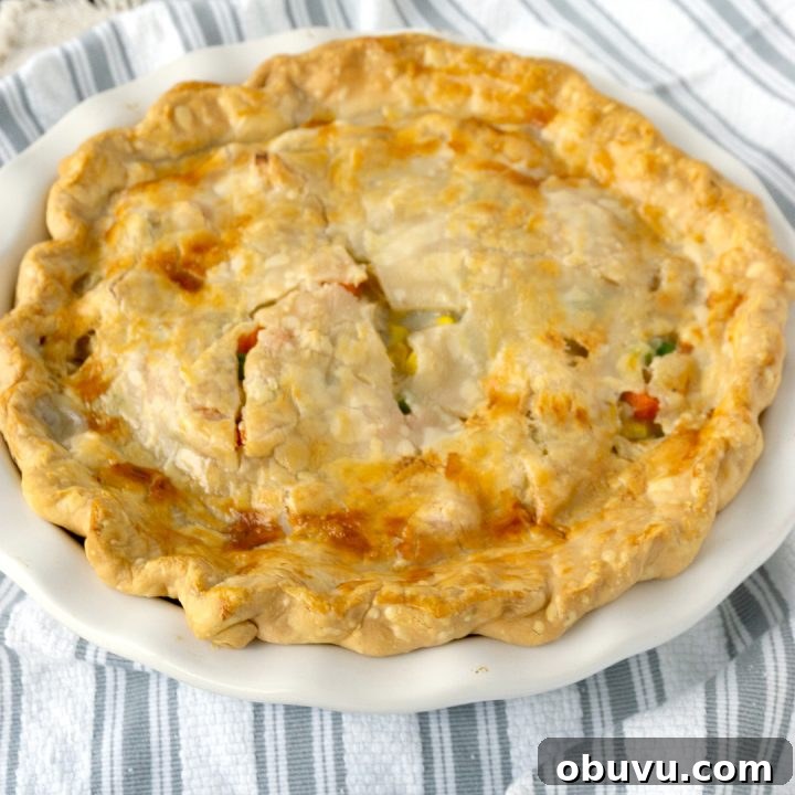 turkey pot pie with pie crust in a white baking dish on a striped towel