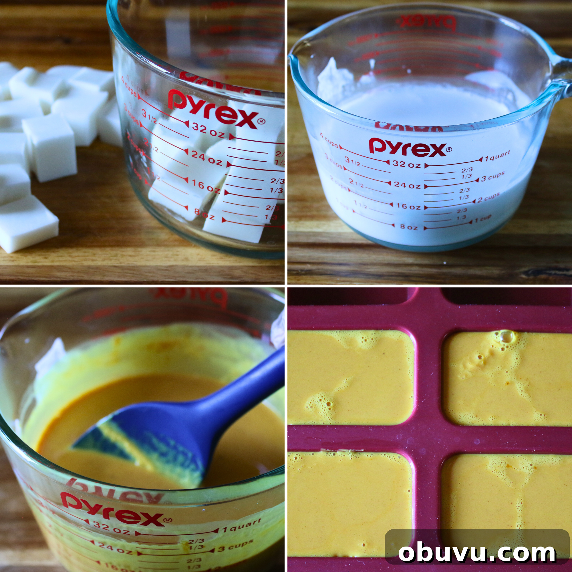 Homemade Turmeric Melt-and-Pour Soap Recipe for Glowing Skin 3 Melt and pour soap base with turmeric added and poured into soap molds.