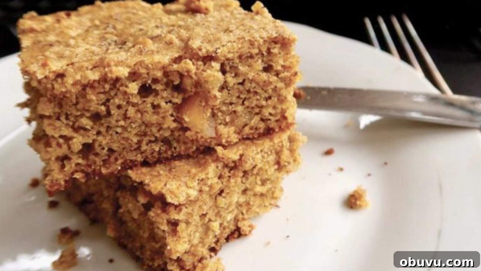 19 Cozy Low-Carb Breakfasts You’ll Crave Every Morning 18 Two pieces of macadamia nut coffee cake on top of each other on a white plate.
