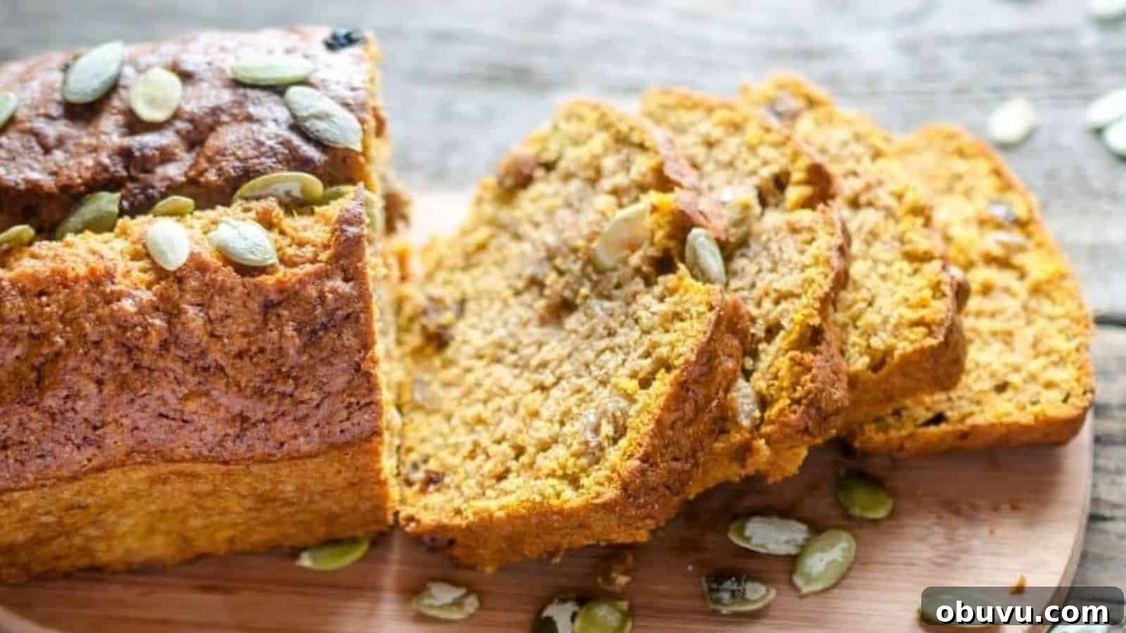 19 Cozy Low-Carb Breakfasts You’ll Crave Every Morning 7 A loaf of pumpkin bread partially sliced on a wooden surface, with visible pumpkin seeds on top and inside the bread slices.