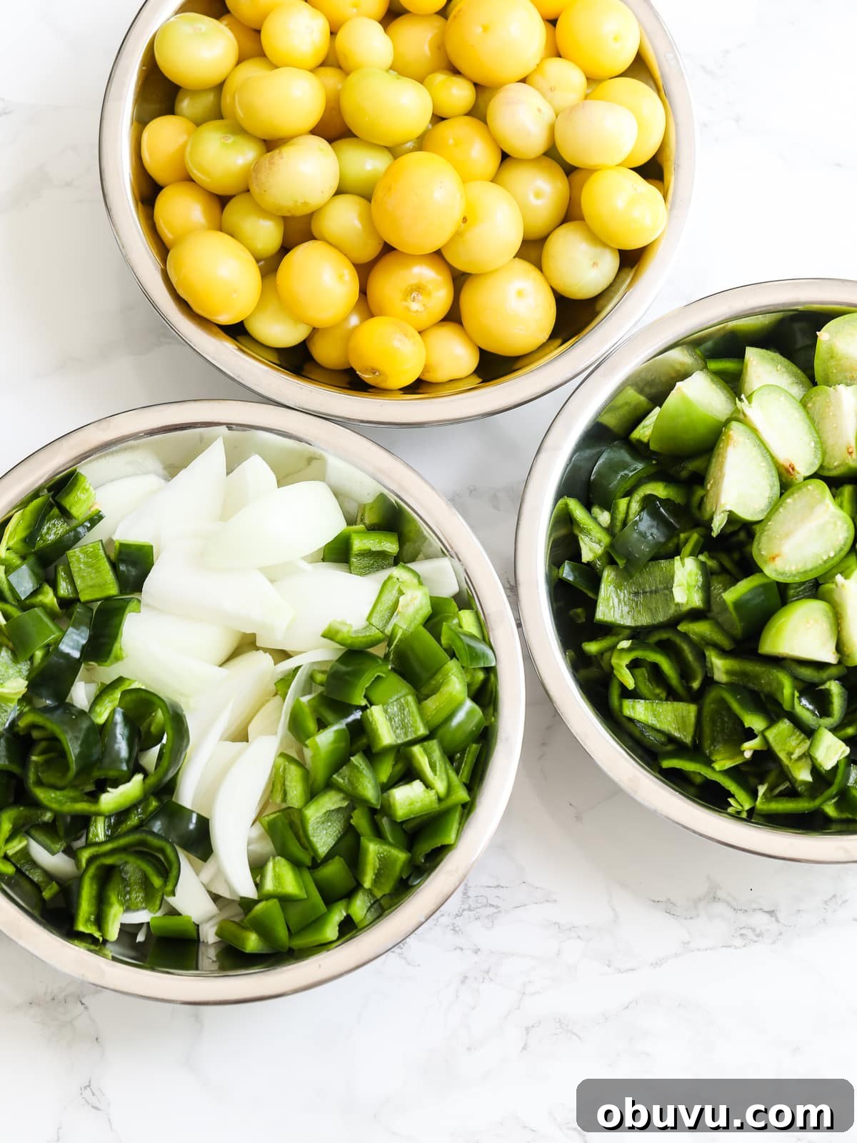 Homemade Salsa Verde Enchilada Sauce Recipe 9 Chopped vegetables in bowls