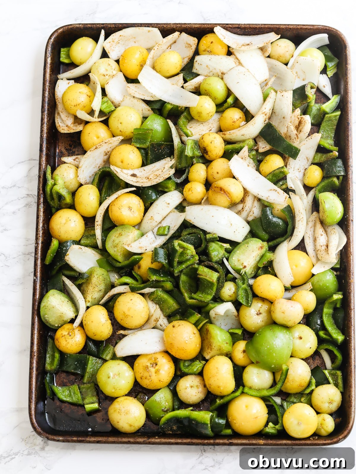 Homemade Salsa Verde Enchilada Sauce Recipe 12 Roasted vegetables on a sheet pan