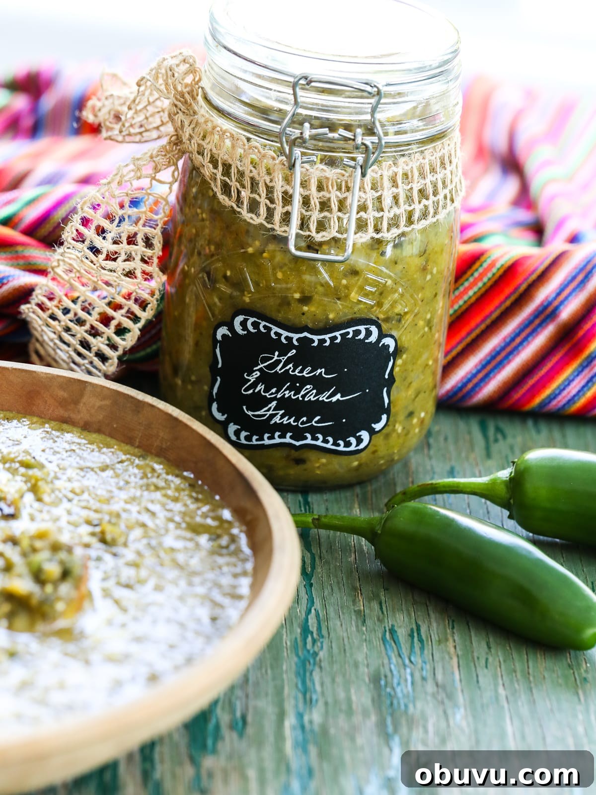 Homemade Salsa Verde Enchilada Sauce Recipe 3 Green enchilada sauce in a wood bowl and clamp jar